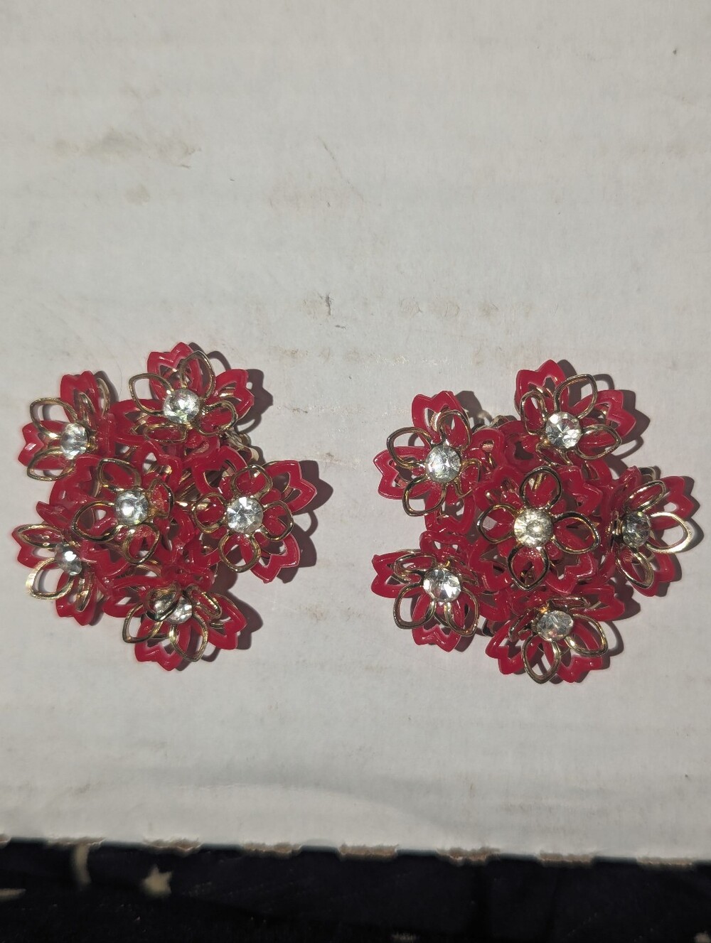XL Vintage MCM Red And Gold Flower With Crystal Earrings